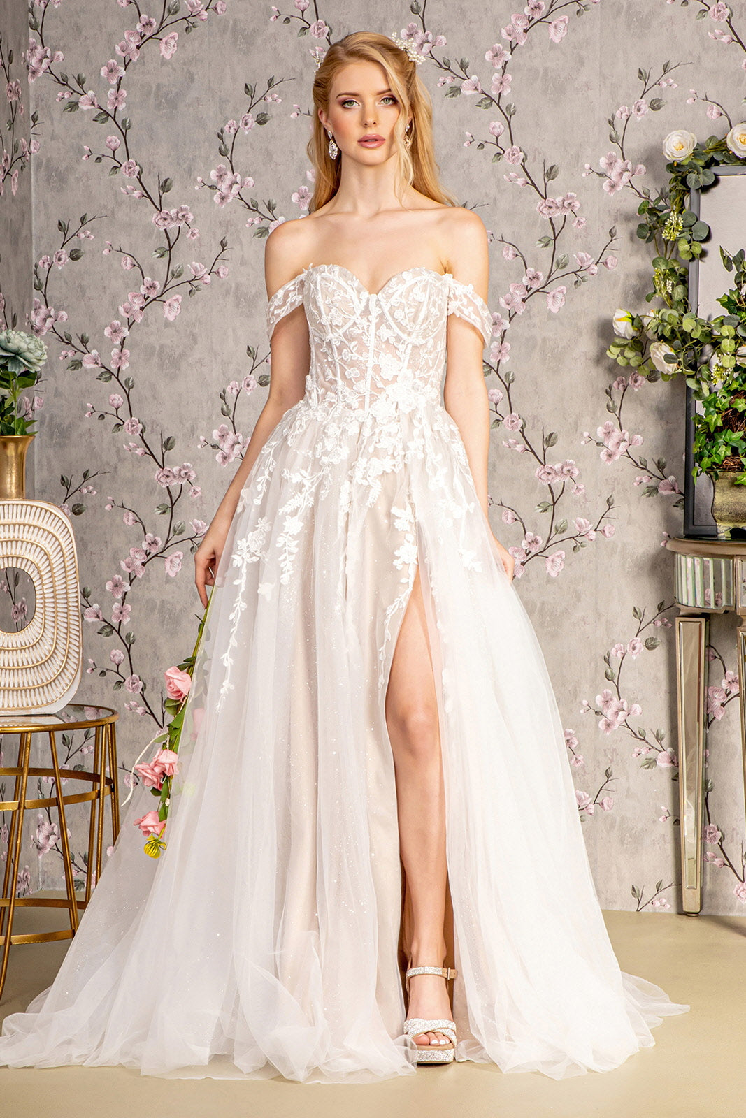 Floral Embroidery Sheer Bodice Off Shoulder Mesh A-line Long Wedding Dress GLGL3429