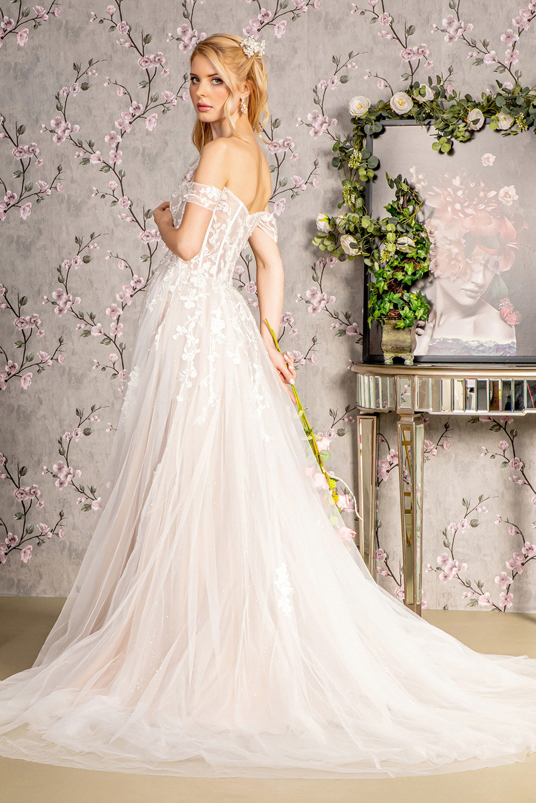 Floral Embroidery Sheer Bodice Off Shoulder Mesh A-line Long Wedding Dress GLGL3429