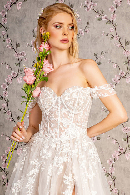 Floral Embroidery Sheer Bodice Off Shoulder Mesh A-line Long Wedding Dress GLGL3429