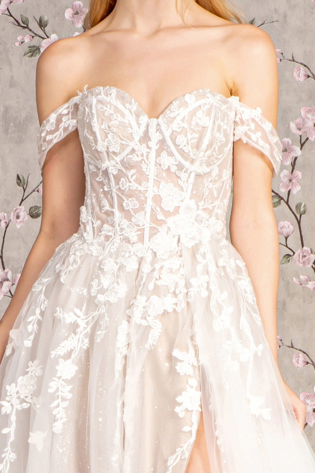 Floral Embroidery Sheer Bodice Off Shoulder Mesh A-line Long Wedding Dress GLGL3429