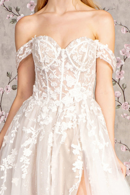 Floral Embroidery Sheer Bodice Off Shoulder Mesh A-line Long Wedding Dress GLGL3429