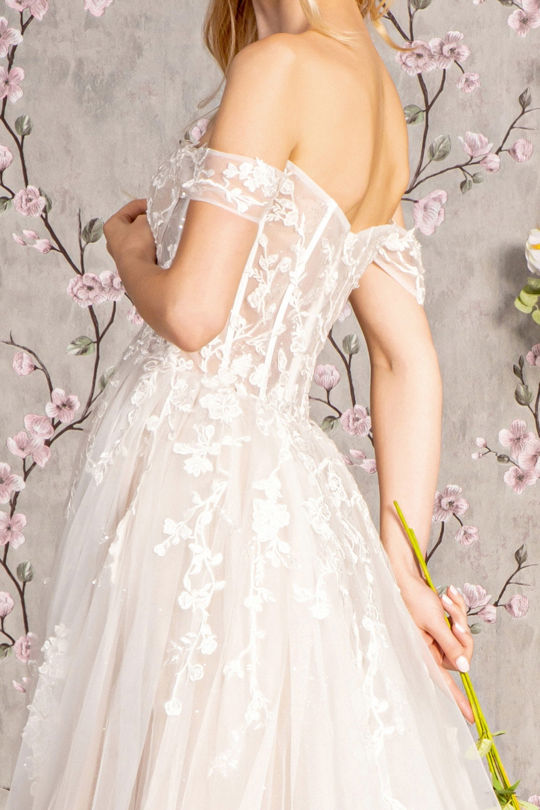 Floral Embroidery Sheer Bodice Off Shoulder Mesh A-line Long Wedding Dress GLGL3429