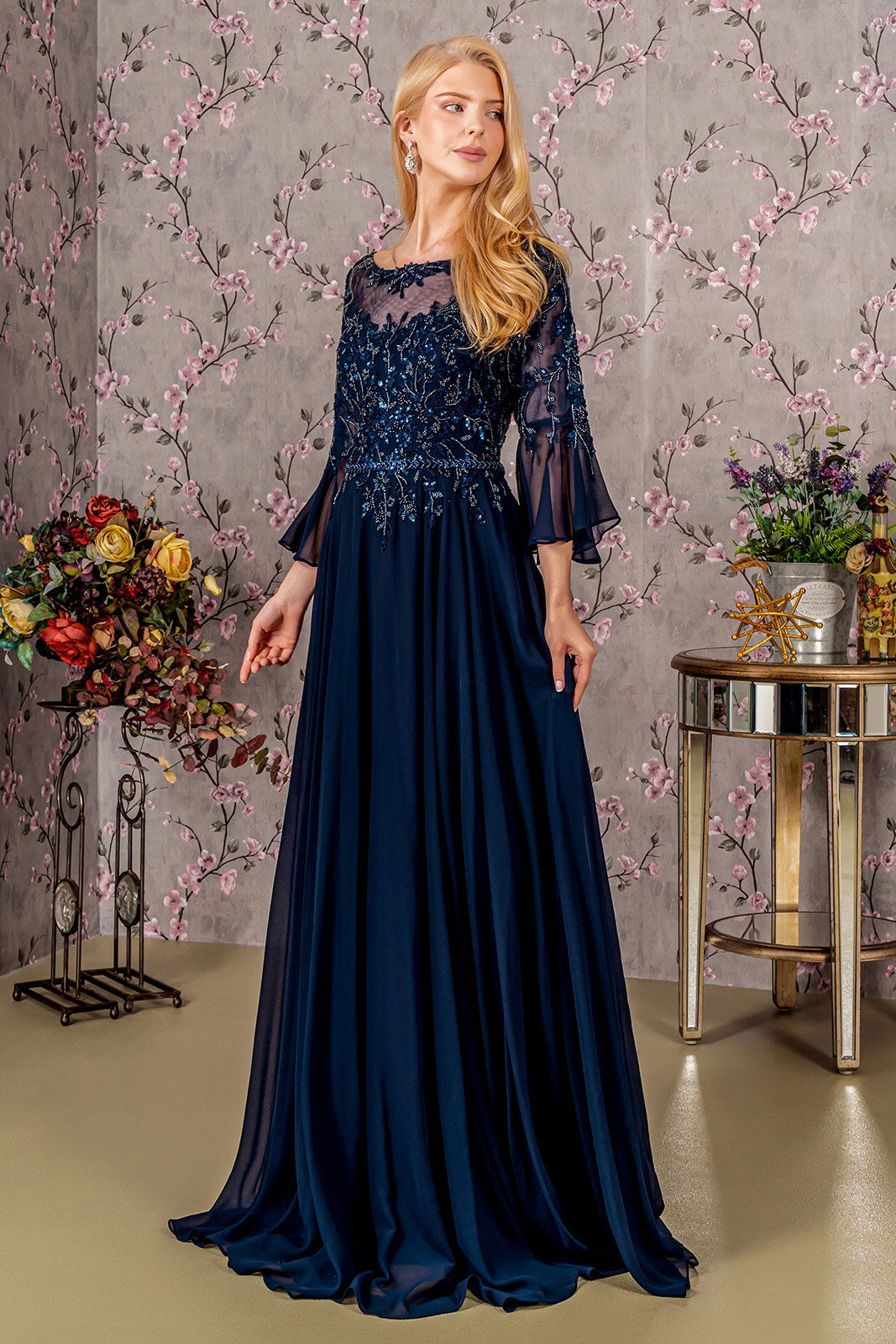 Floral Embroidery Bead Chiffon A-line Long Mother Of The Bride Dress GLGL3434