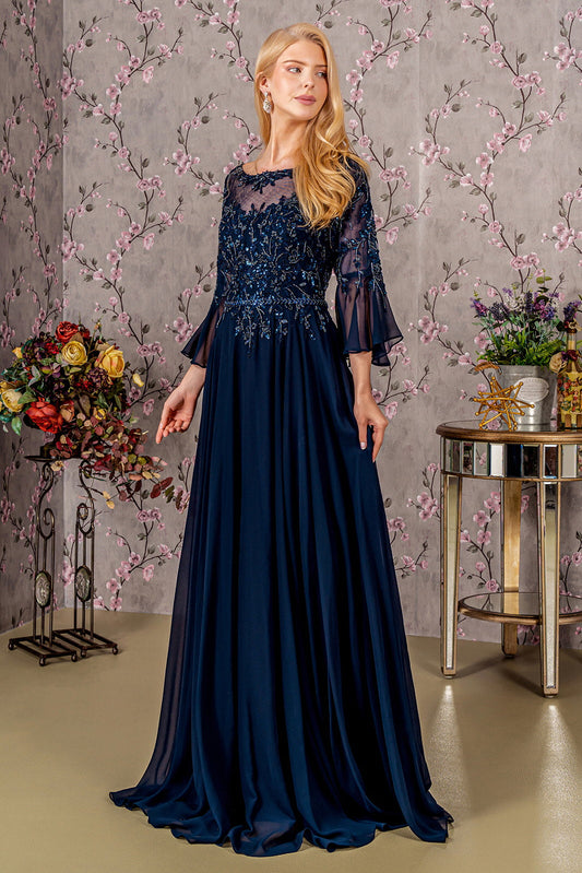 Floral Embroidery Bead Chiffon A-line Long Mother Of The Bride Dress GLGL3434