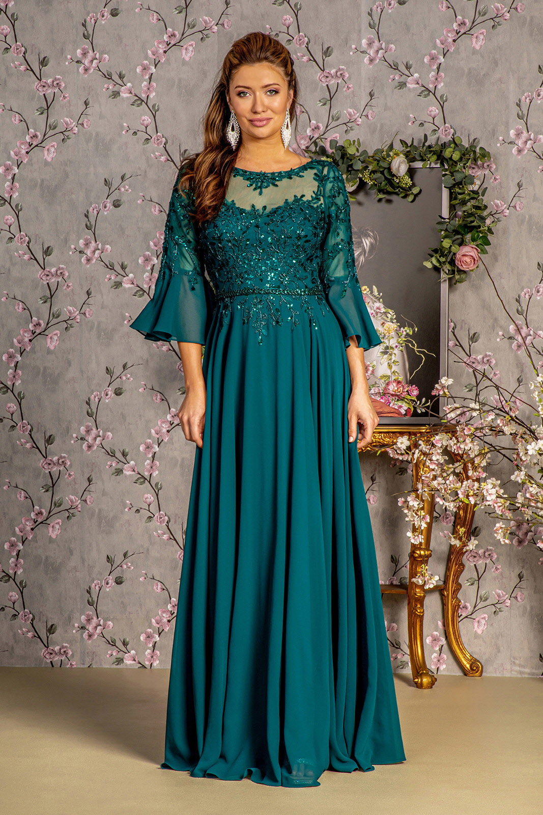 Floral Embroidery Bead Chiffon A-line Long Mother Of The Bride Dress GLGL3434