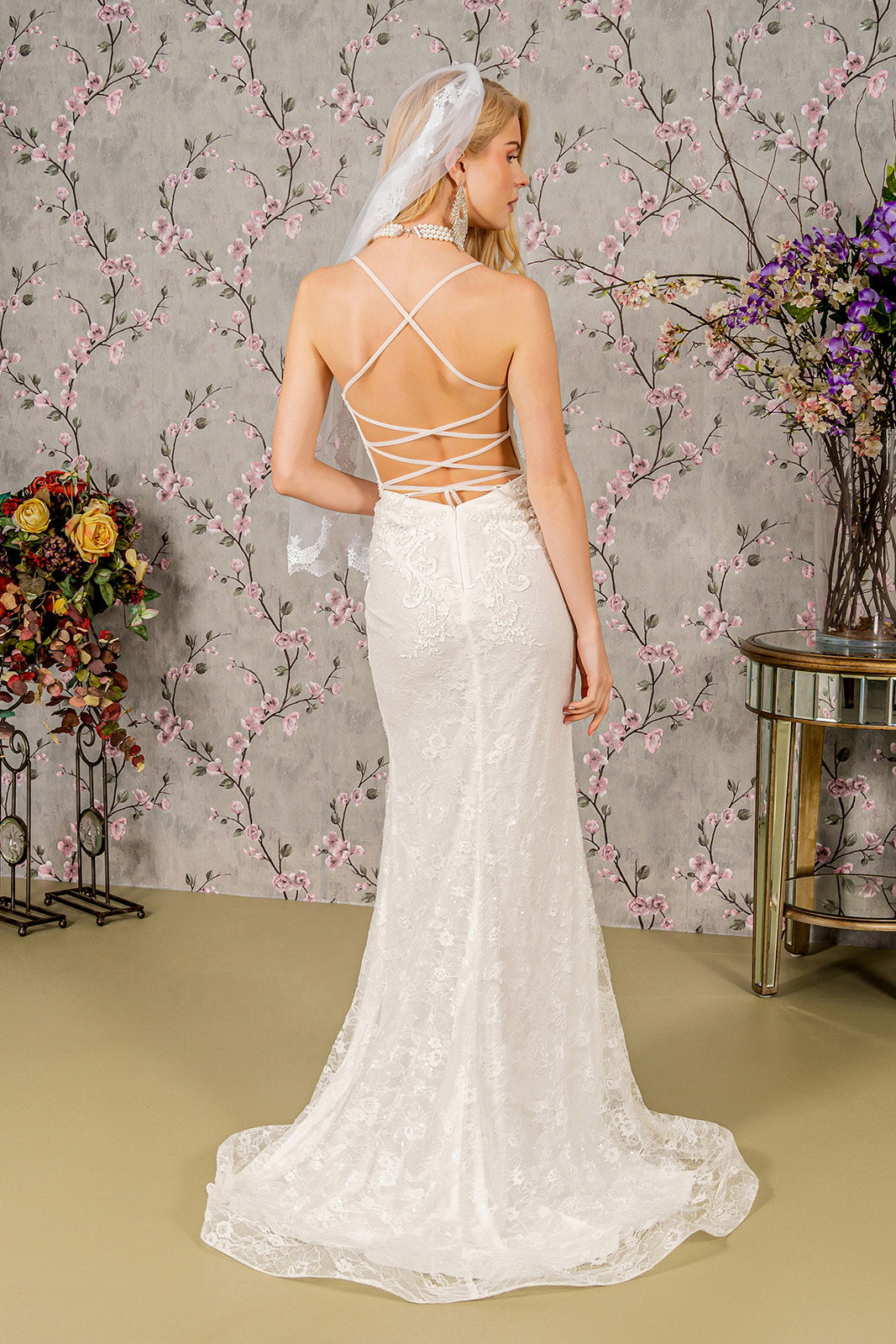 Floral Embroidery Illusion Sweetheart Lace Mermaid Long Wedding Dress GLGL3442