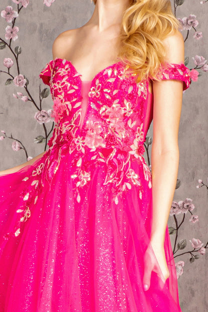 3D Flower Emboridery Sheer Bodice Mesh A-line Long Prom Dress GLGL3443