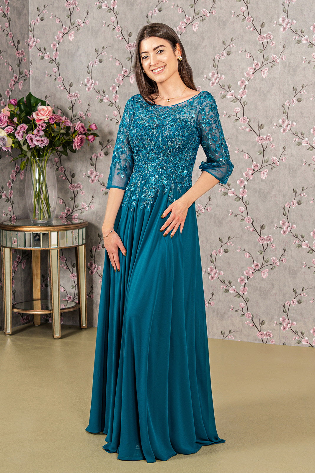 Bead Embroidery Sheer Neckline Chiffon Mermaid Long Mother Of The Bride Dress GLGL3447