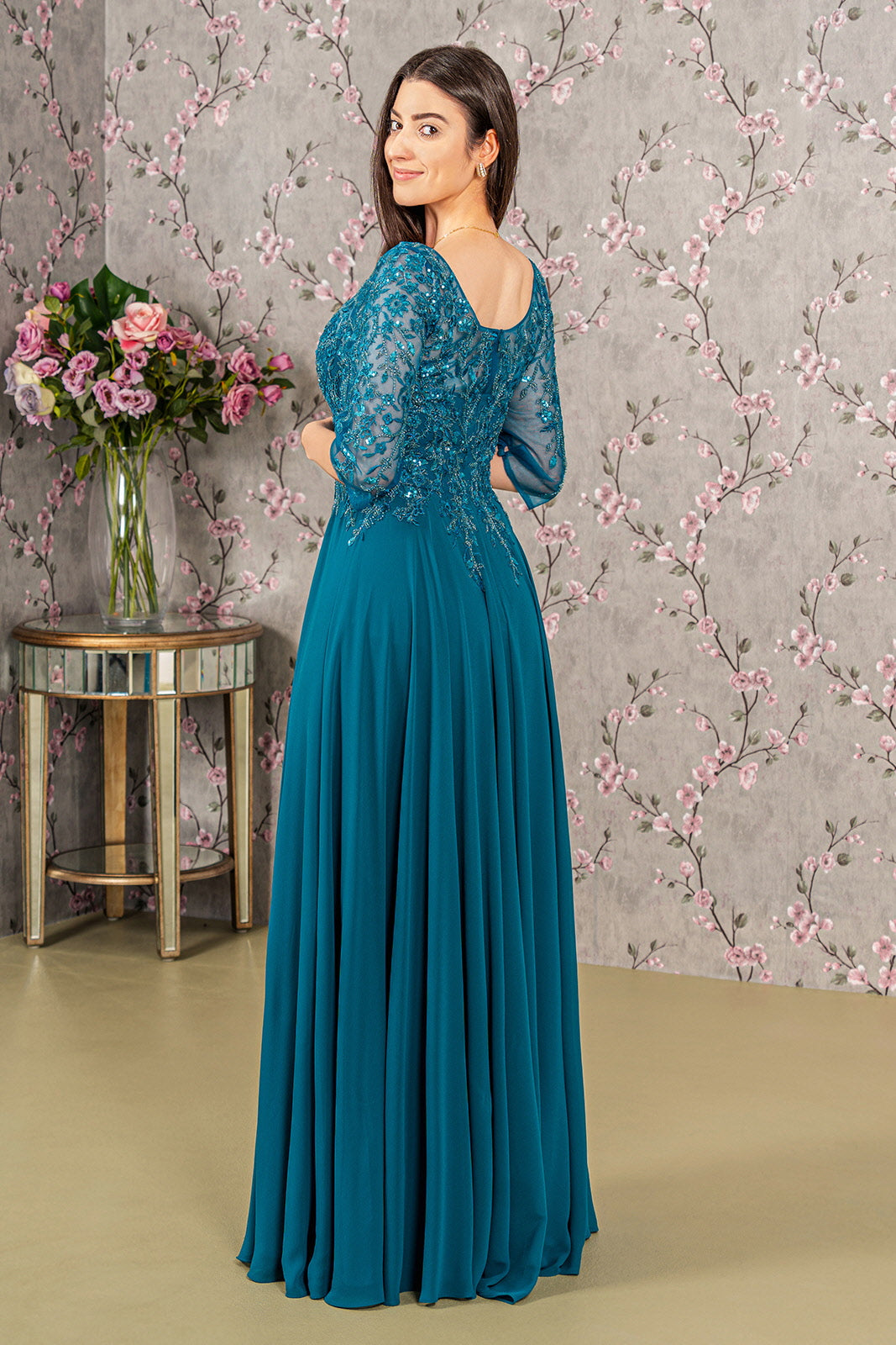 Bead Embroidery Sheer Neckline Chiffon Mermaid Long Mother Of The Bride Dress GLGL3447