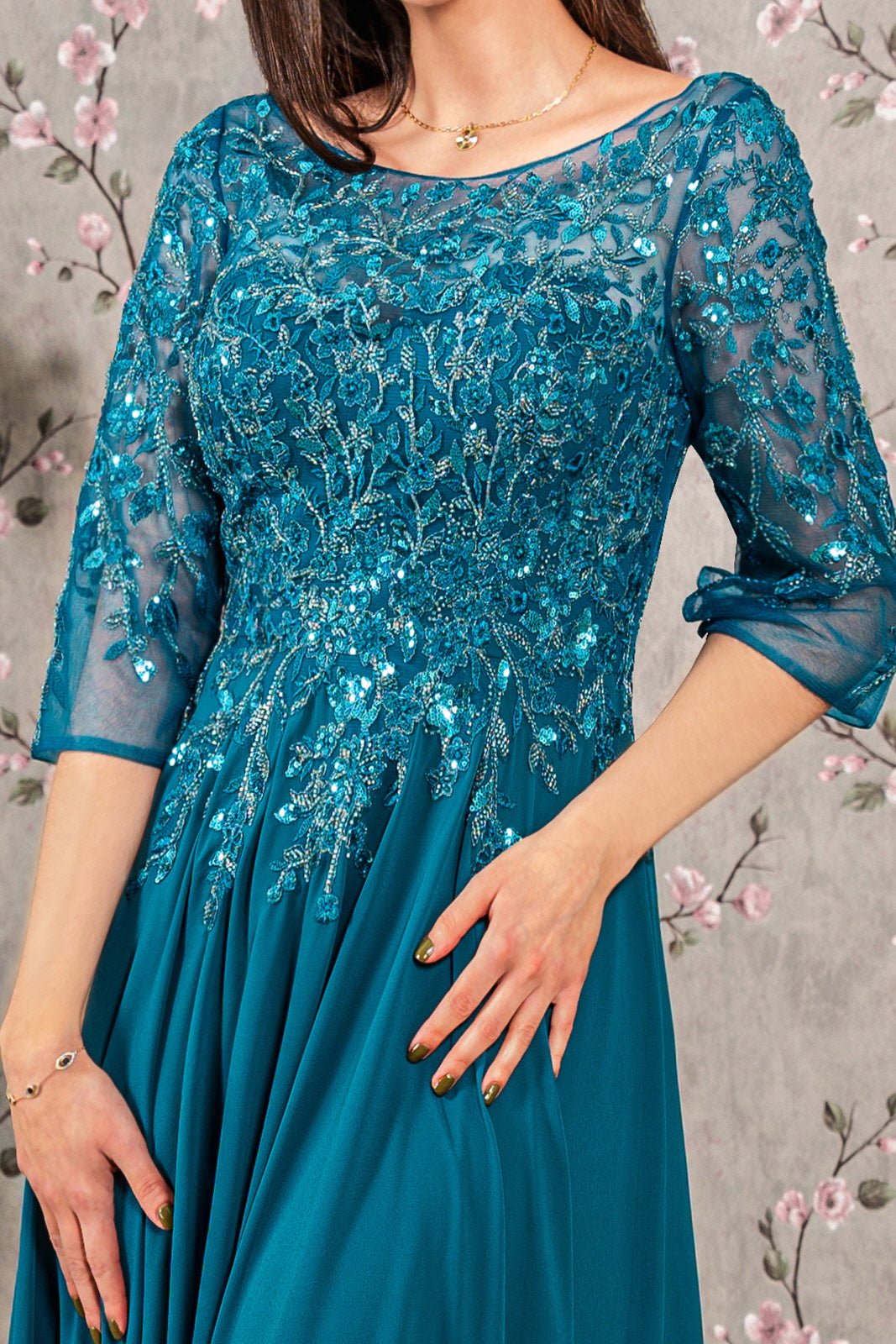 Bead Embroidery Sheer Neckline Chiffon Mermaid Long Mother Of The Bride Dress GLGL3447