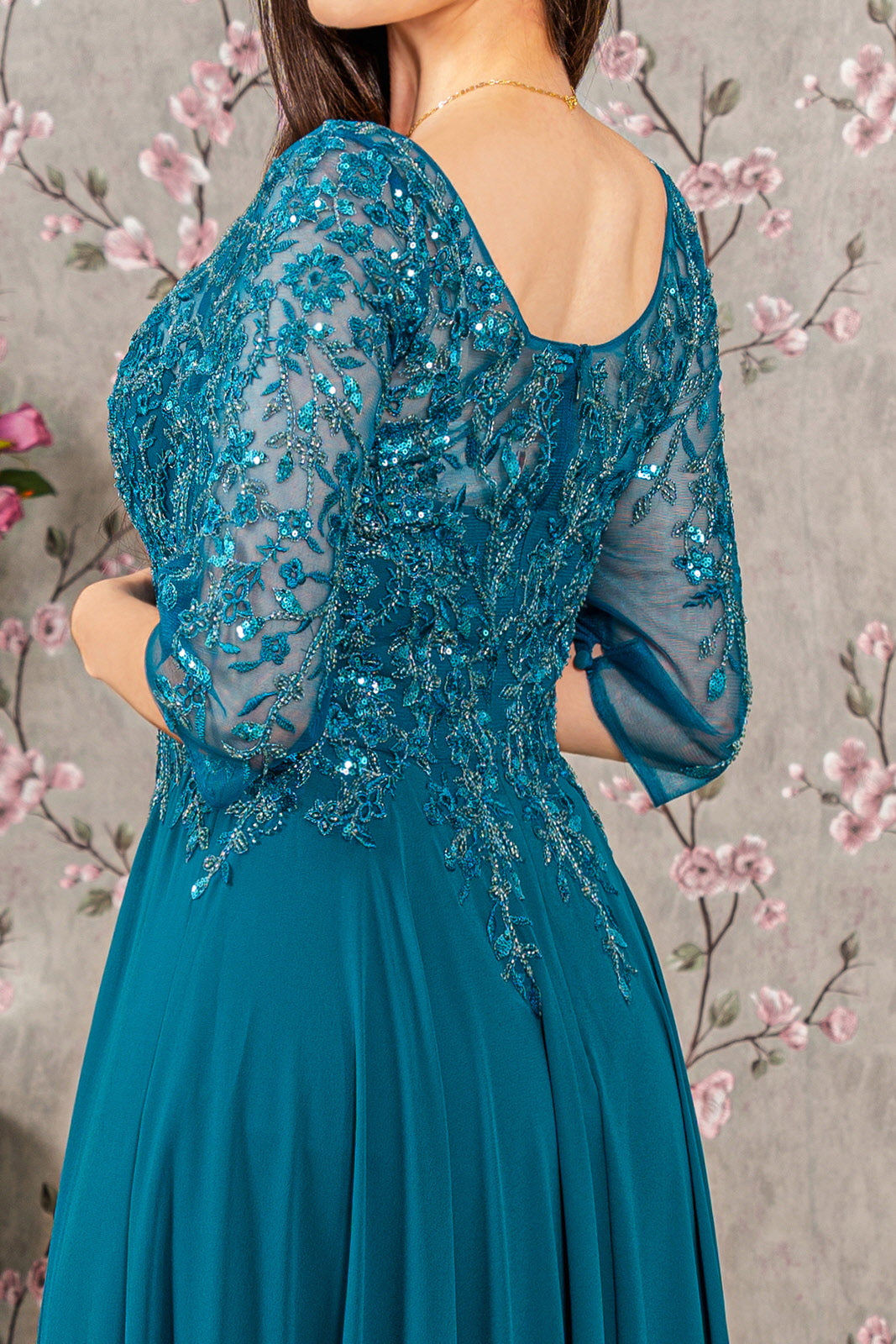Bead Embroidery Sheer Neckline Chiffon Mermaid Long Mother Of The Bride Dress GLGL3447