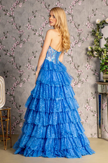 Embroidery Sequin Sheer Bodice Ruffled Skirt Mesh A-line Long Prom Dress GLGL3461