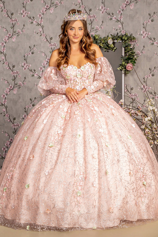 Detachable Big Ribbon Glitter Mesh w/ Long Puff Sleeves Long Ball Dress GLGL3466