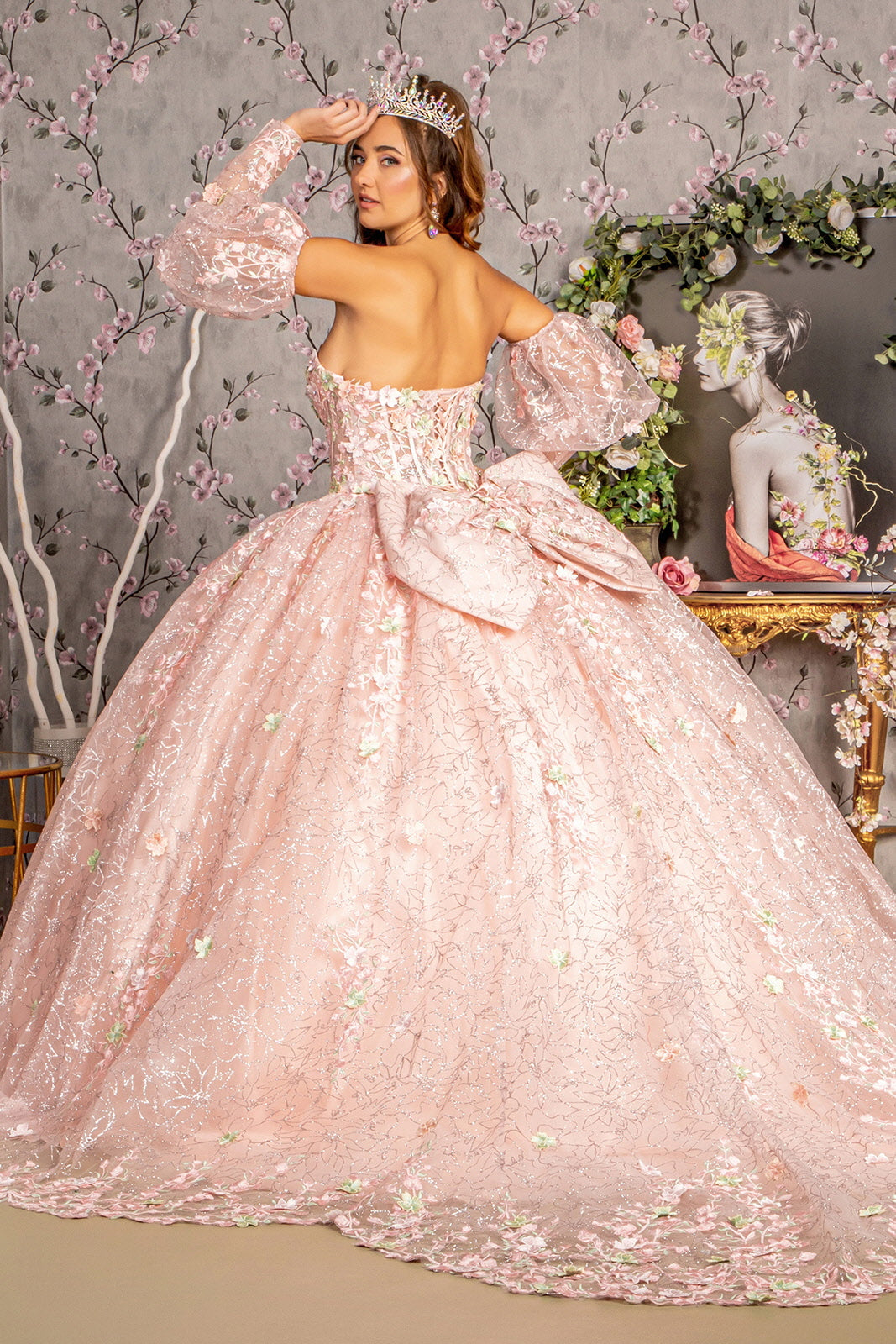Detachable Big Ribbon Glitter Mesh w/ Long Puff Sleeves Long Ball Dress GLGL3466