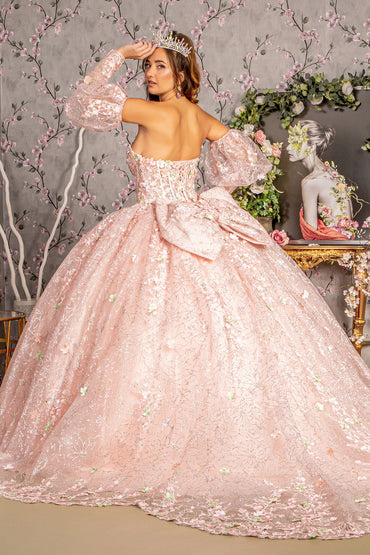 Detachable Big Ribbon Glitter Mesh w/ Long Puff Sleeves Long Ball Dress GLGL3466