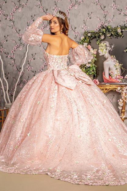 Detachable Big Ribbon Glitter Mesh w/ Long Puff Sleeves Long Ball Dress GLGL3466