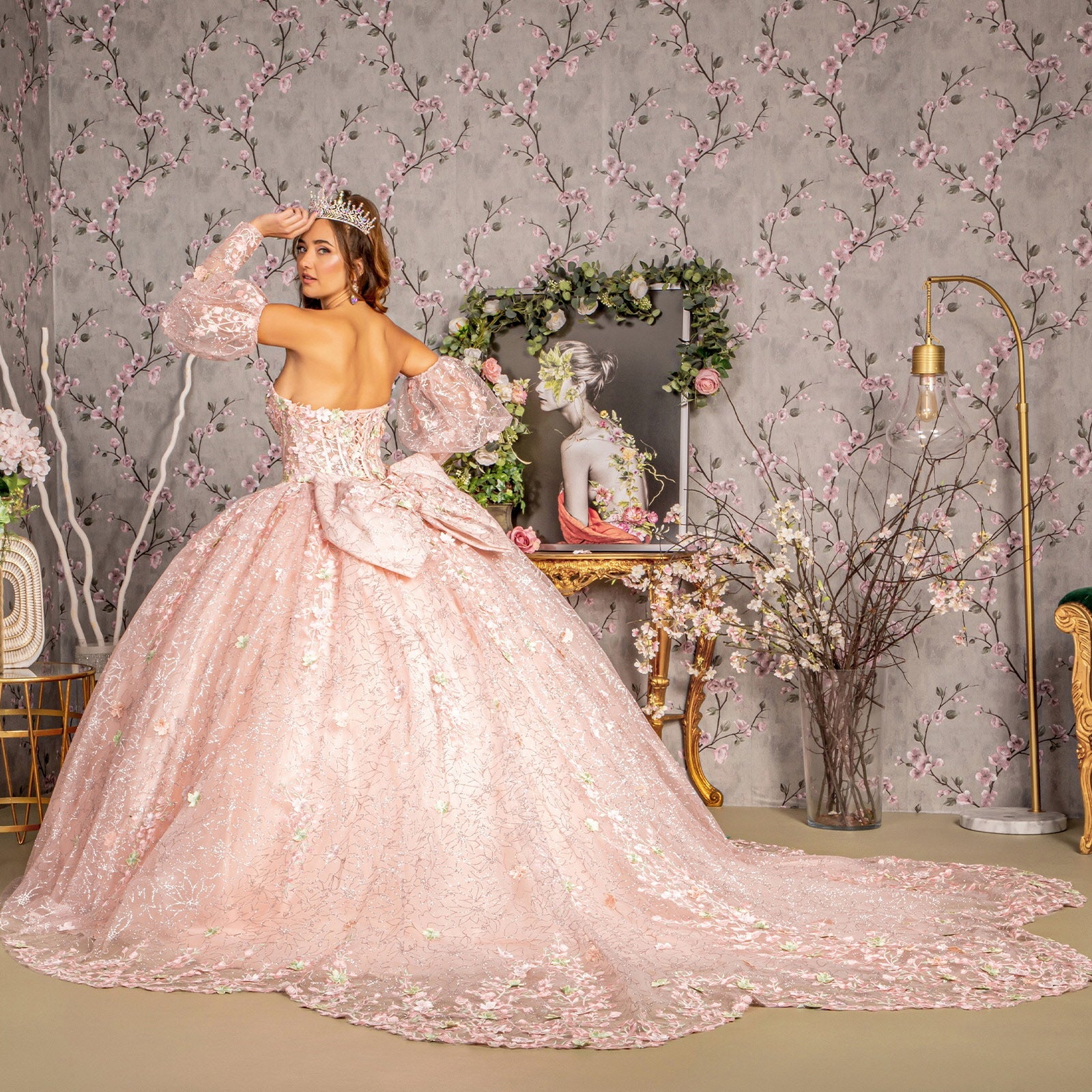 Detachable Big Ribbon Glitter Mesh w/ Long Puff Sleeves Long Ball Dress GLGL3466