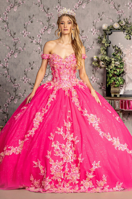 3D Flower Jewel Sheer Corset Bodice Mesh Long Ball Dress GLGL3469