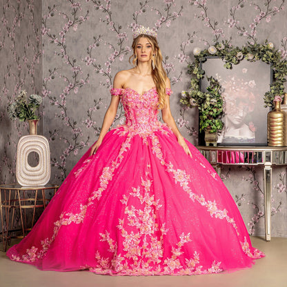 3D Flower Jewel Sheer Corset Bodice Mesh Long Ball Dress GLGL3469