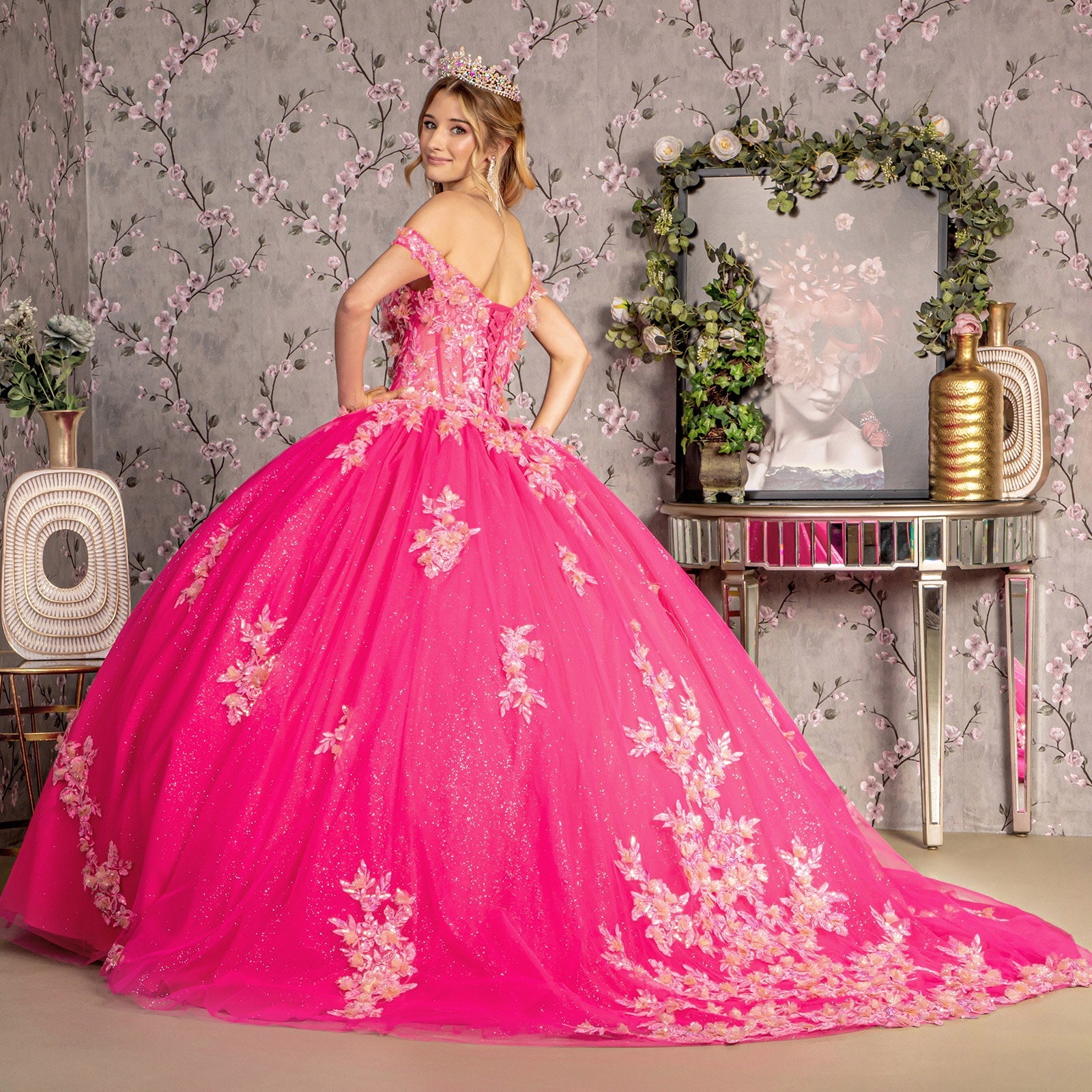 3D Flower Jewel Sheer Corset Bodice Mesh Long Ball Dress GLGL3469