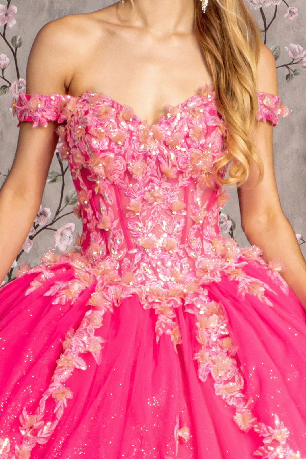3D Flower Jewel Sheer Corset Bodice Mesh Long Ball Dress GLGL3469