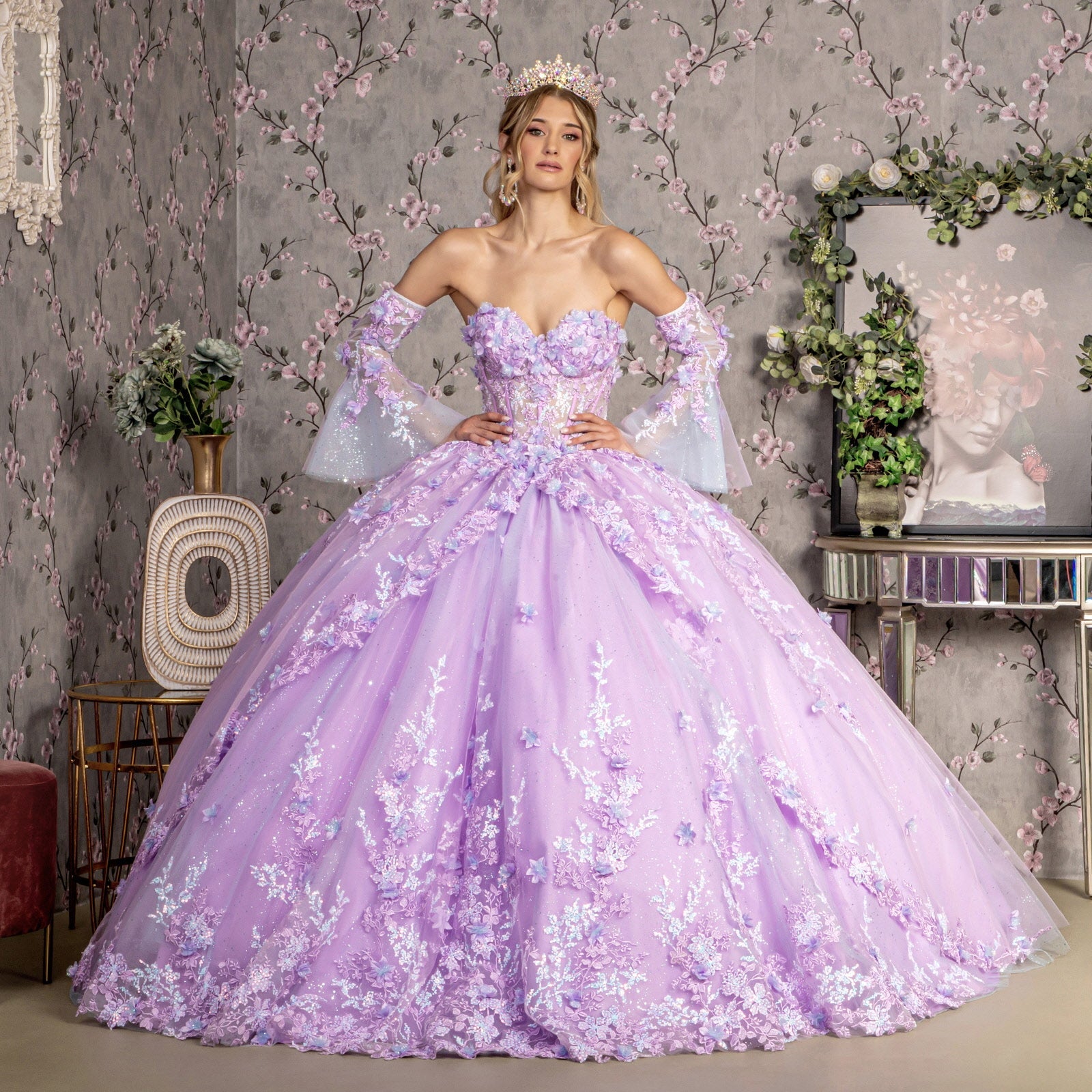 Jewel Sheer Bodice Mesh w/ Long Trumpet Sleeves Long Ball Dress GLGL3470