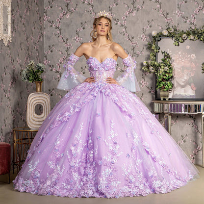 Jewel Sheer Bodice Mesh w/ Long Trumpet Sleeves Long Ball Dress GLGL3470