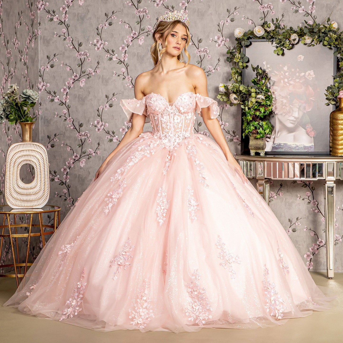 3D Flower Illusion Sweetheart Sheer Bodice Mesh Long Ball Dress GLGL3475