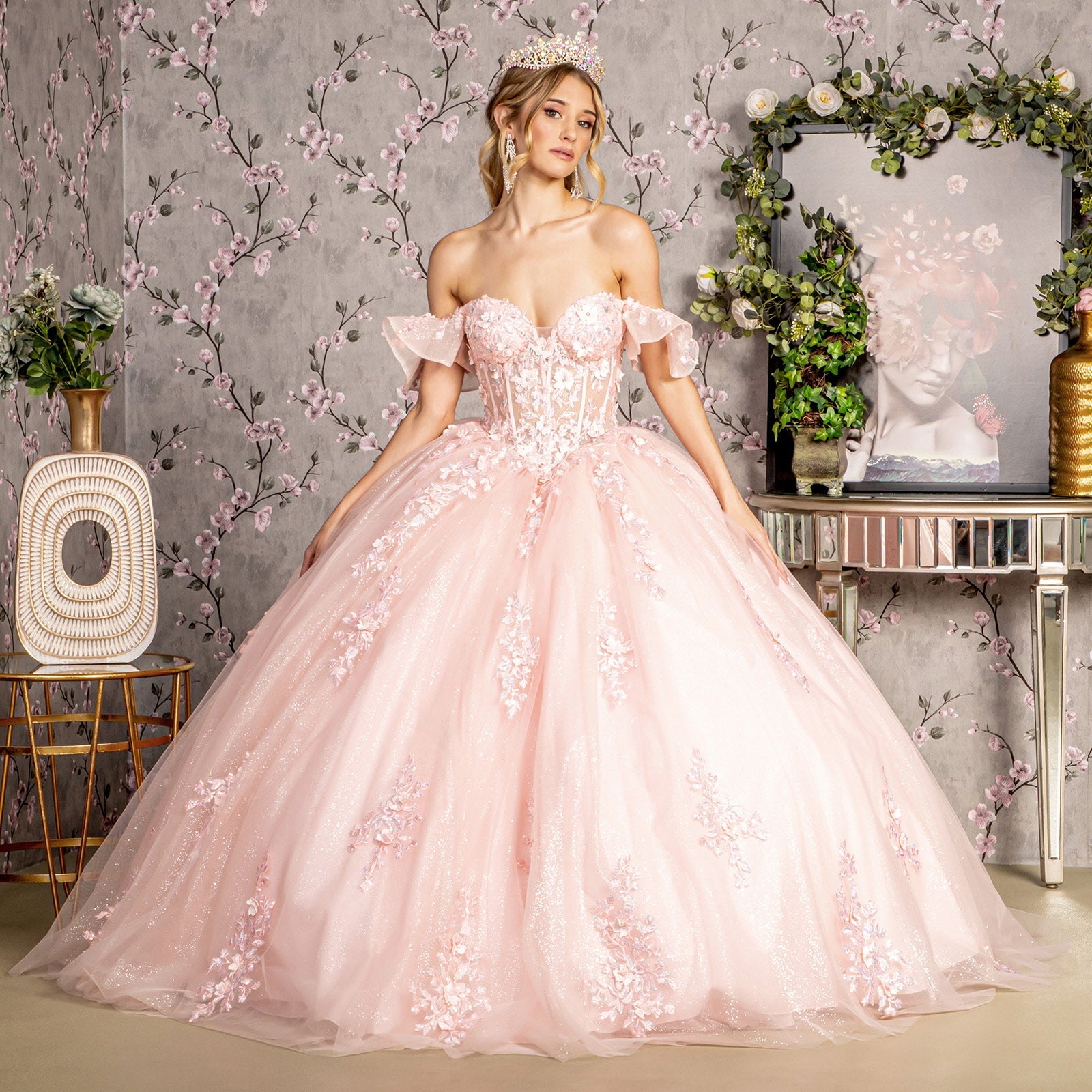 3D Flower Illusion Sweetheart Sheer Bodice Mesh Long Ball Dress GLGL3475