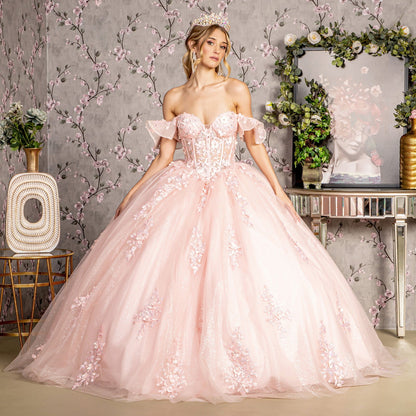 3D Flower Illusion Sweetheart Sheer Bodice Mesh Long Ball Dress GLGL3475