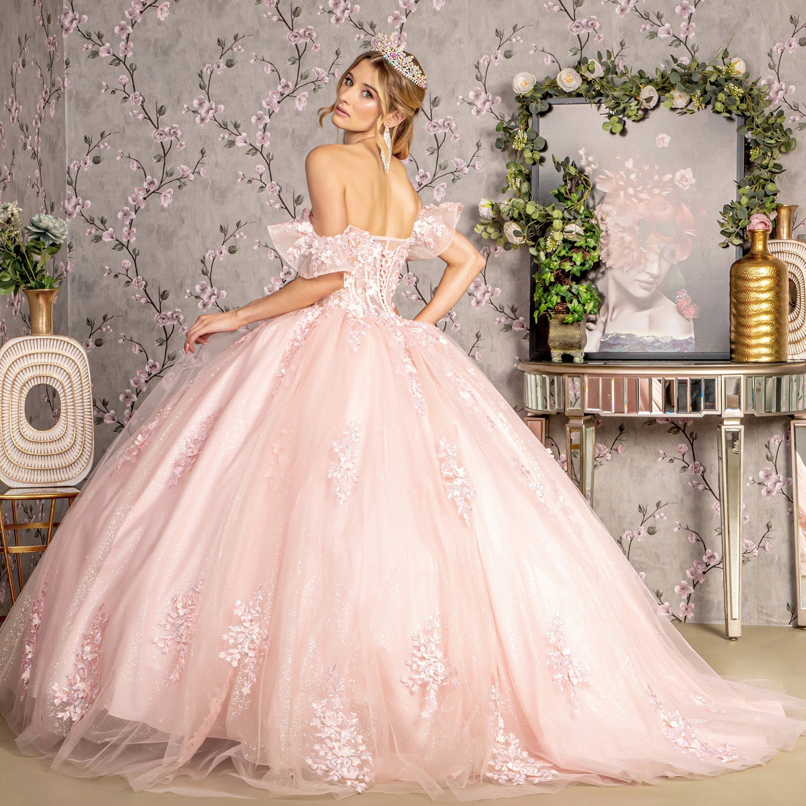 3D Flower Illusion Sweetheart Sheer Bodice Mesh Long Ball Dress GLGL3475