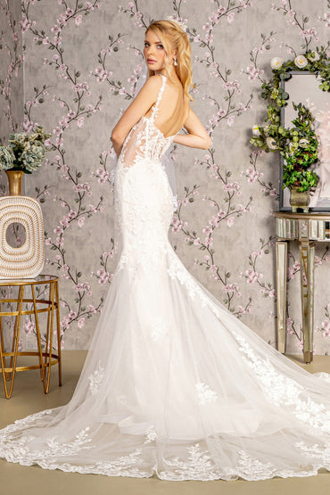 Embroidery Sequin Sheer Bodice Mesh Mermaid Long Wedding Dress GLGL3478