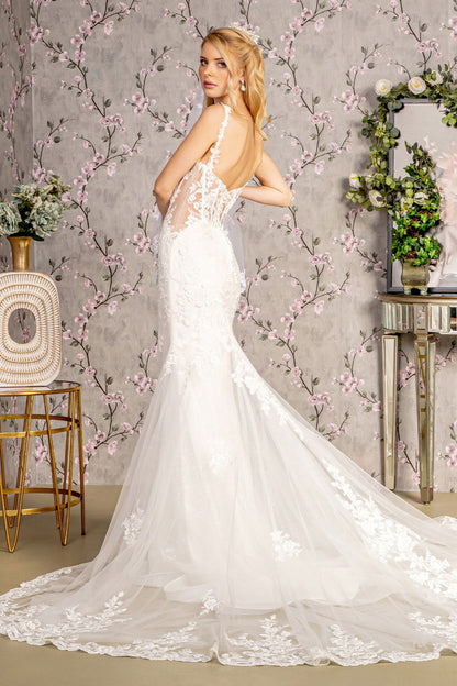 Embroidery Sequin Sheer Bodice Mesh Mermaid Long Wedding Dress GLGL3478