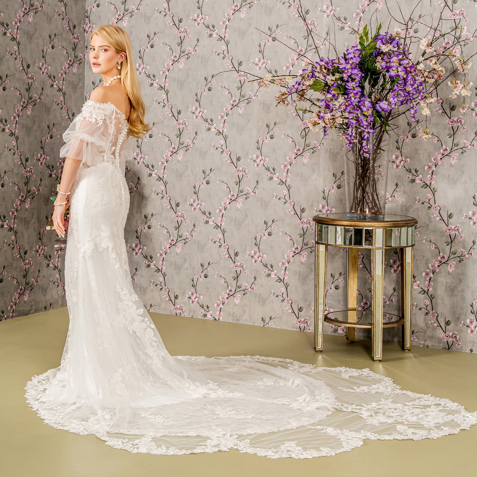 Floral Embroidery Bead Sheer Sleeves Mesh Mermaid Long Wedding Dress GLGL3479
