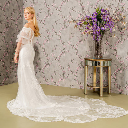 Floral Embroidery Bead Sheer Sleeves Mesh Mermaid Long Wedding Dress GLGL3479