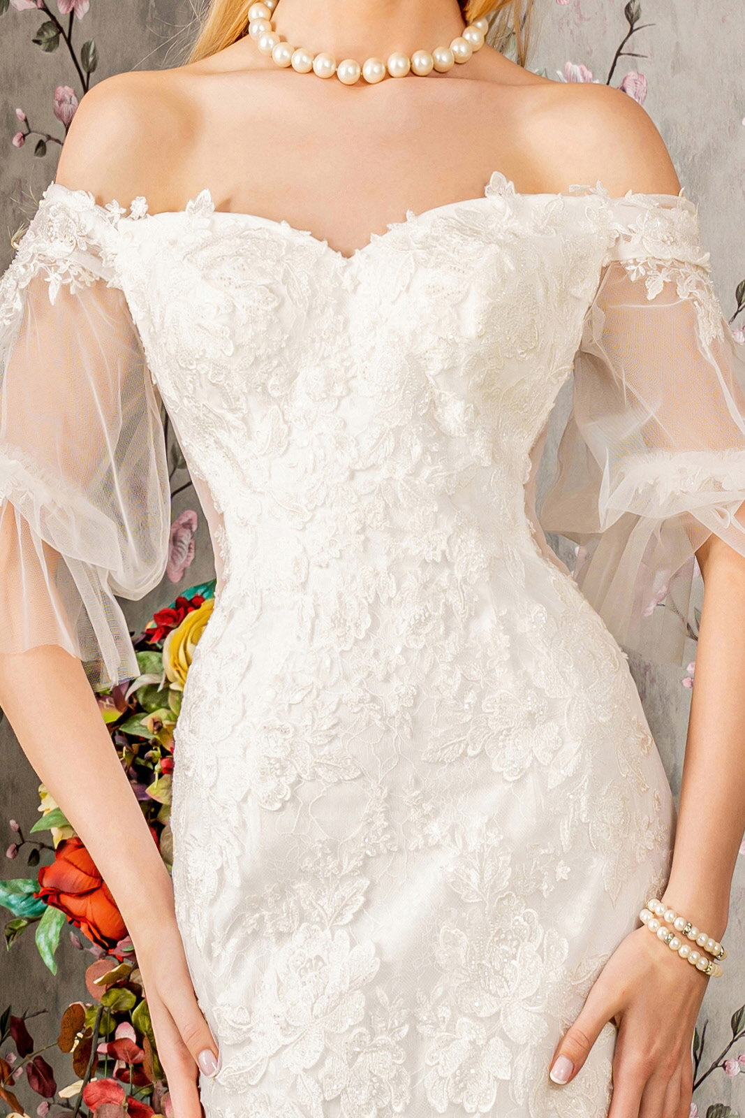 Floral Embroidery Bead Sheer Sleeves Mesh Mermaid Long Wedding Dress GLGL3479