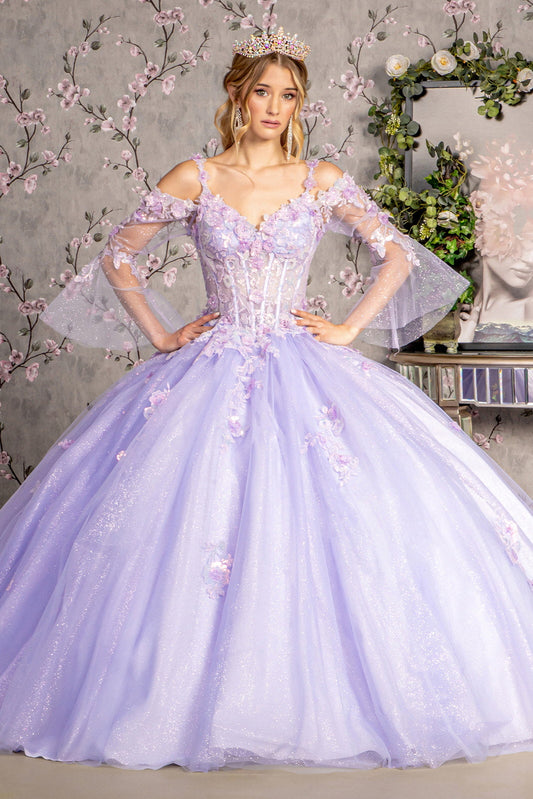Jewel Glitter Sequin Sweetheart Mesh w/ Long Sleeves Long Ball Dress GLGL3484