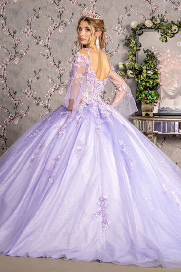 Jewel Glitter Sequin Sweetheart Mesh w/ Long Sleeves Long Ball Dress GLGL3484