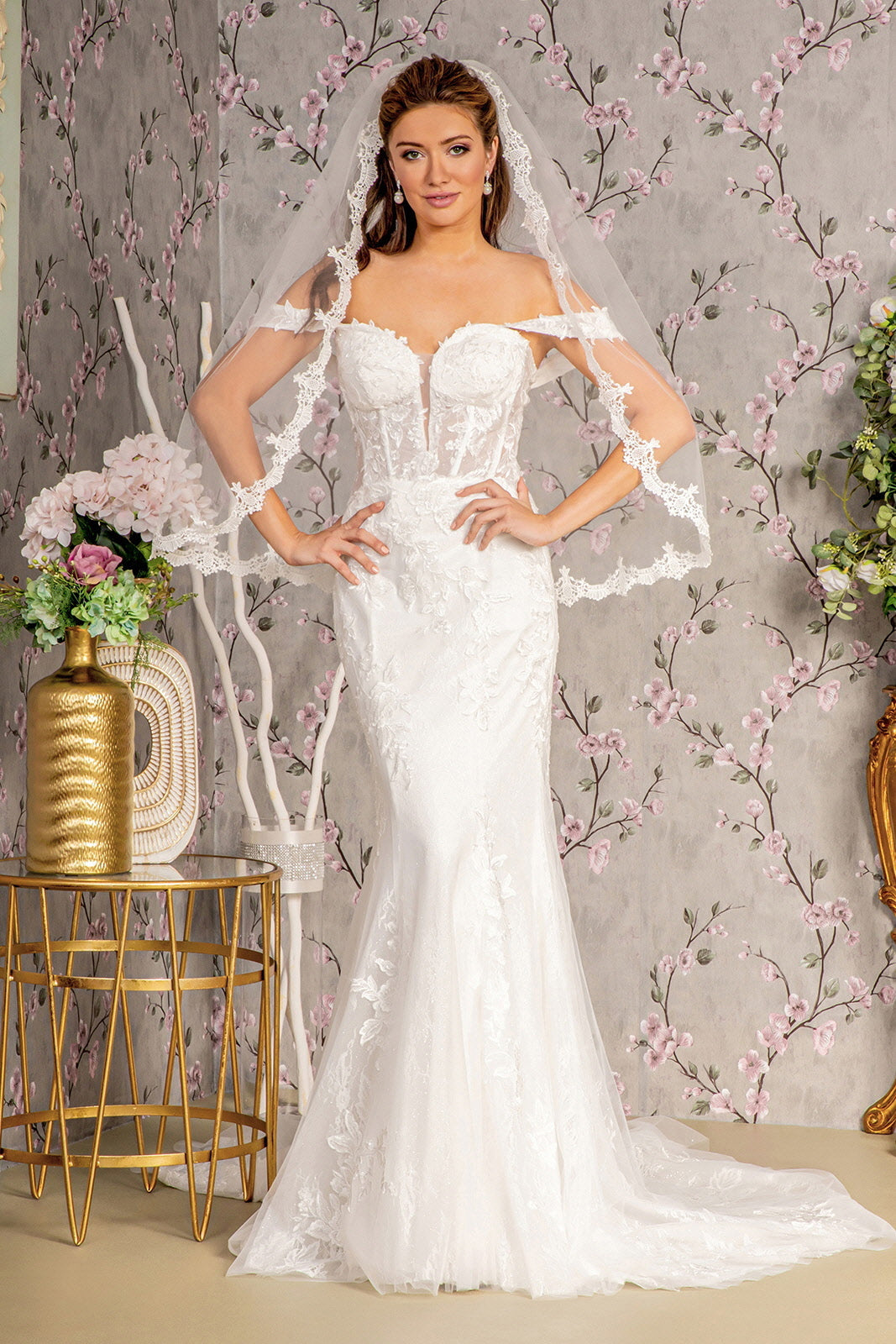 Glitter Off Shoulder Sheer Bodice Mesh Mermaid Long Wedding Dress GLGL3488