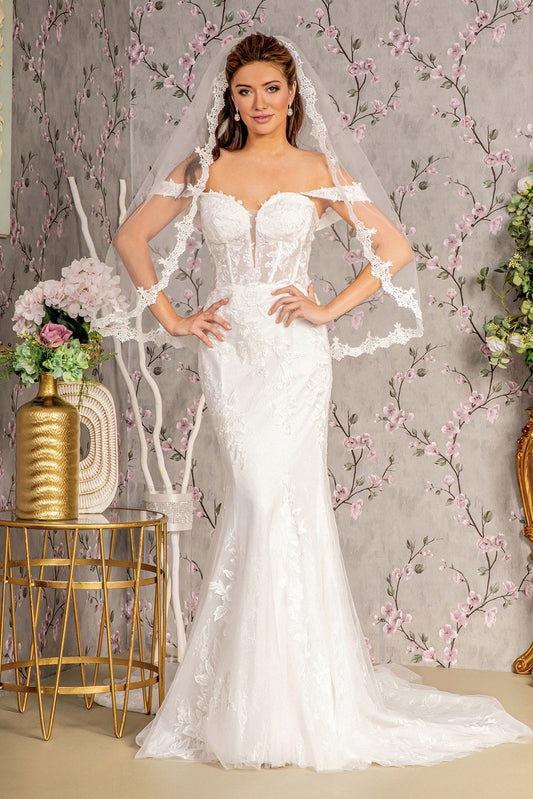Glitter Off Shoulder Sheer Bodice Mesh Mermaid Long Wedding Dress GLGL3488