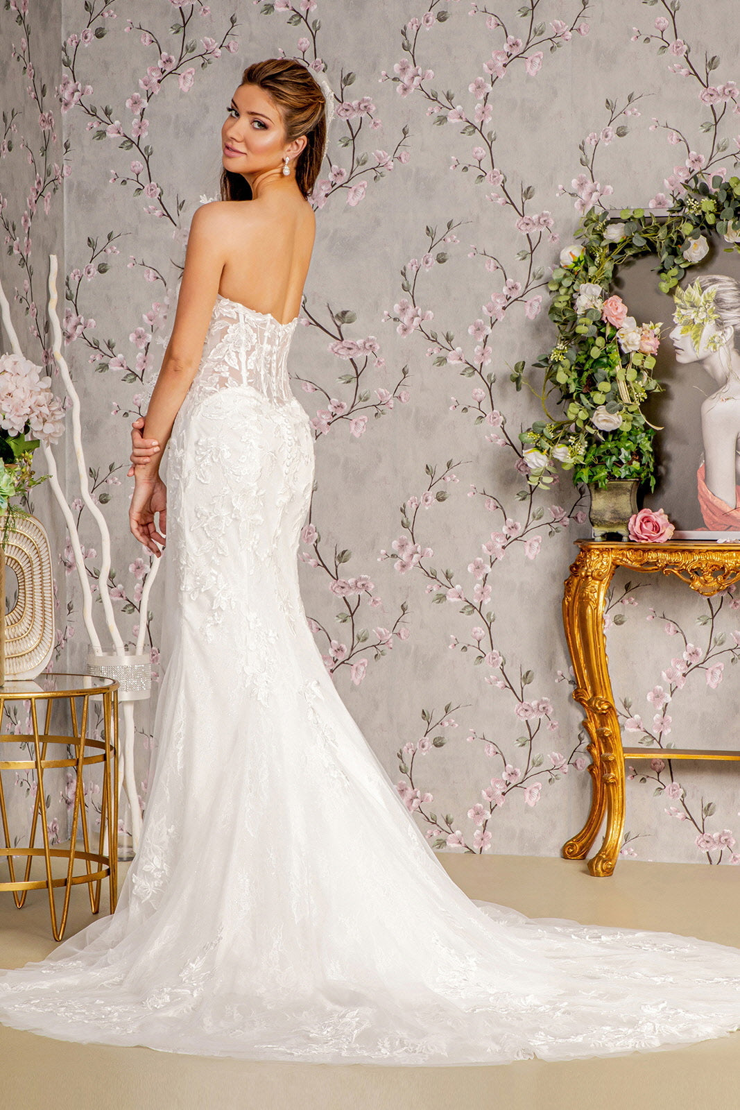 Glitter Off Shoulder Sheer Bodice Mesh Mermaid Long Wedding Dress GLGL3488