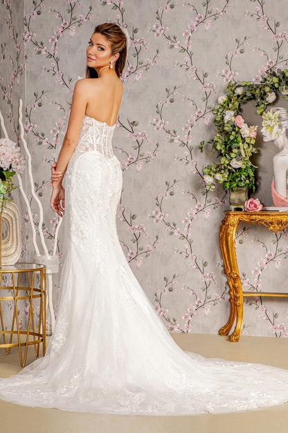 Glitter Off Shoulder Sheer Bodice Mesh Mermaid Long Wedding Dress GLGL3488