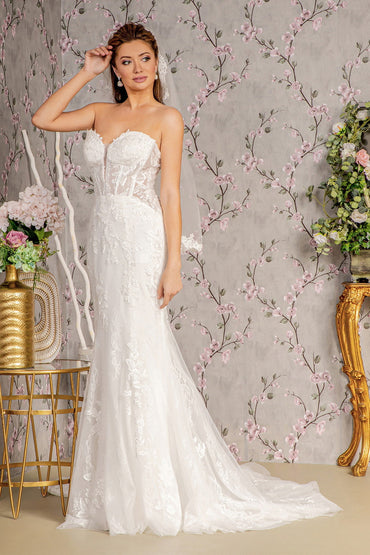 Glitter Off Shoulder Sheer Bodice Mesh Mermaid Long Wedding Dress GLGL3488