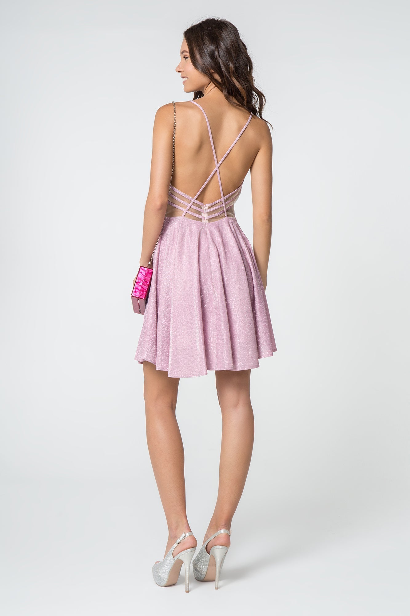 Illusion Deep V-Neck Glitter Crepe w/ Strap Back Short Homecoming Dress GLGS2839-1