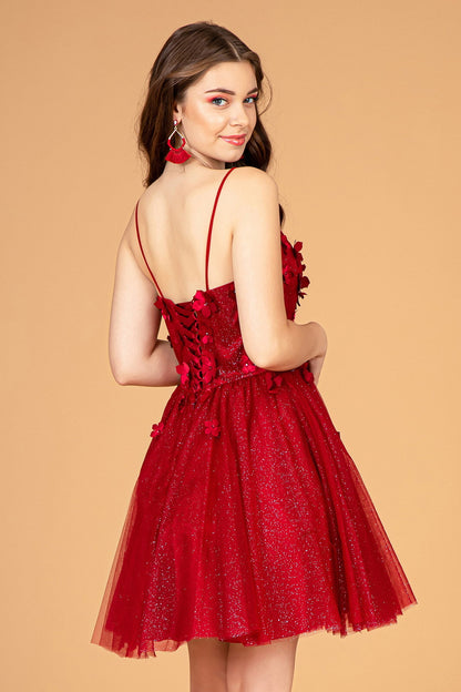 Mesh Babydoll with 3D Appliques and Corset Back Short Homecoming Dress GLGS3090-3