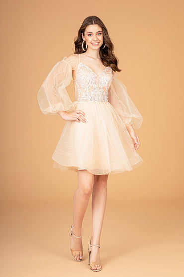 Sheer Bodice Glitter w/ Detachable Mesh Long Sleeves Short Homecoming Dress GLGS3095-1