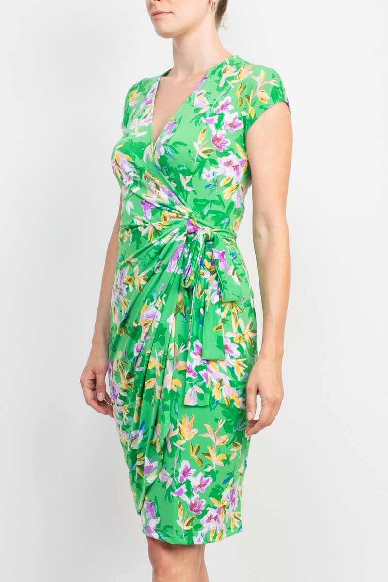Maggy London V-Neck Sleeveless Tie Waist Gathered Side Floral Print Jersey Dress-2