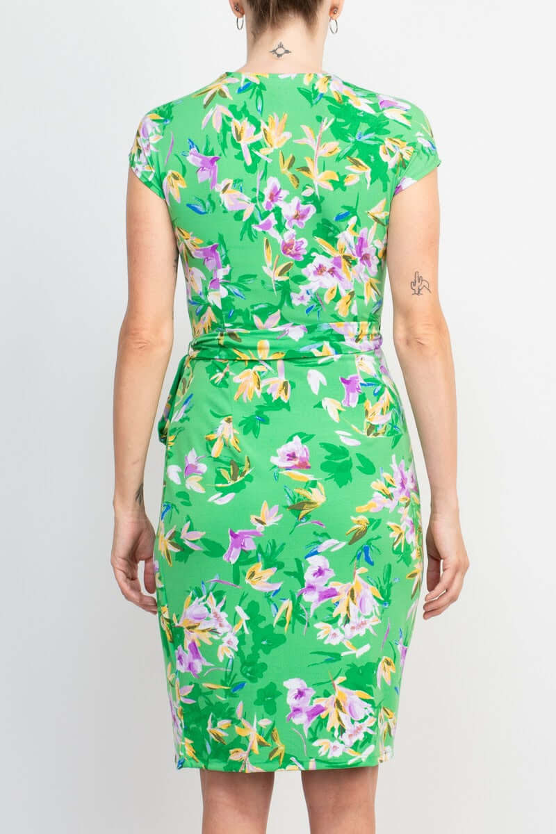 Maggy London V-Neck Sleeveless Tie Waist Gathered Side Floral Print Jersey Dress-3