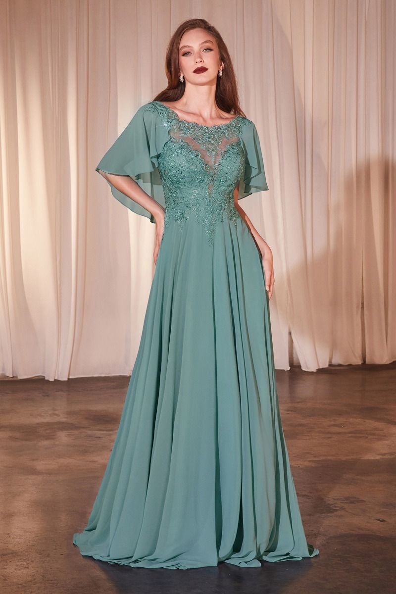 A-line Chiffon Caplet Detail Floral Appliqué Long Mother Of The Bride Dress CDHT101