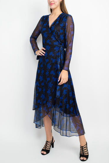 Laundry Surplice V- Neck Back Zipper Midi Draped Mesh Dress